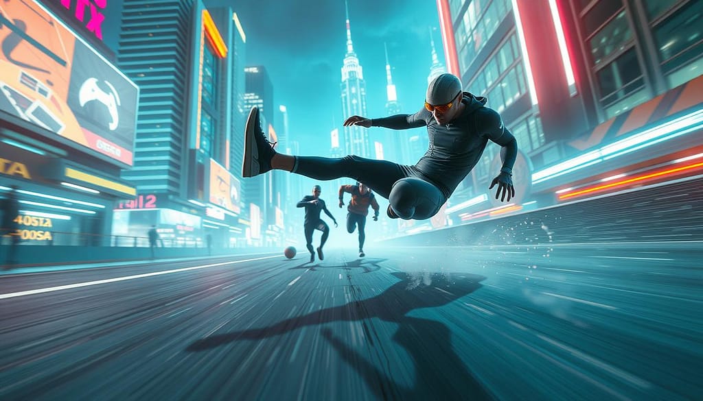 A dynamic scene depicting a professional gamer executing a slide bunny hop chain technique in a futuristic urban environment. In the foreground, the gamer, dressed in sleek, modern athletic gear, is mid-movement with one foot in the air and the other poised to land. The middle ground showcases additional elements of the technique, with faint trails of movement suggesting speed and agility. Background elements include high-tech buildings, neon lights, and an abstract cityscape, creating an immersive, energetic atmosphere. The scene is illuminated with dramatic, colorful lighting that highlights the movement and adds depth. The camera angle is slightly low, emphasizing the action and energy of the slide and bunny hop transitions, capturing the essence of professional gaming and movement expertise. A dynamic scene depicting a professional gamer executing a slide bunny hop chain technique in a futuristic urban environment. In the foreground, the gamer, dressed in sleek, modern athletic gear, is mid-movement with one foot in the air and the other poised to land. The middle ground showcases additional elements of the technique, with faint trails of movement suggesting speed and agility. Background elements include high-tech buildings, neon lights, and an abstract cityscape, creating an immersive, energetic atmosphere. The scene is illuminated with dramatic, colorful lighting that highlights the movement and adds depth. The camera angle is slightly low, emphasizing the action and energy of the slide and bunny hop transitions, capturing the essence of professional gaming and movement expertise.