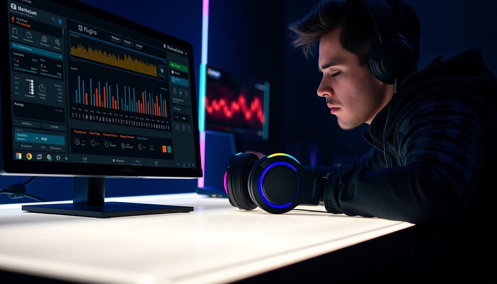 A focused gamer sitting at a sleek, illuminated desk is adjusting game sound settings on a high-tech interface. The foreground features close-up details of a computer monitor displaying equalizer settings, volume levels, and a plugin interface with graphical waveforms. In the middle, a pair of high-fidelity headphones rests on the desk, with colorful LED lights reflecting their modern design. The background shows a dimly lit room with RGB lighting, enhancing the competitive atmosphere. Soft, focused lighting casts subtle shadows, creating a sense of depth and concentration. The mood is intense yet professional, emphasizing the importance of audio settings in gaining a competitive advantage in gaming. A focused gamer sitting at a sleek, illuminated desk is adjusting game sound settings on a high-tech interface. The foreground features close-up details of a computer monitor displaying equalizer settings, volume levels, and a plugin interface with graphical waveforms. In the middle, a pair of high-fidelity headphones rests on the desk, with colorful LED lights reflecting their modern design. The background shows a dimly lit room with RGB lighting, enhancing the competitive atmosphere. Soft, focused lighting casts subtle shadows, creating a sense of depth and concentration. The mood is intense yet professional, emphasizing the importance of audio settings in gaining a competitive advantage in gaming.