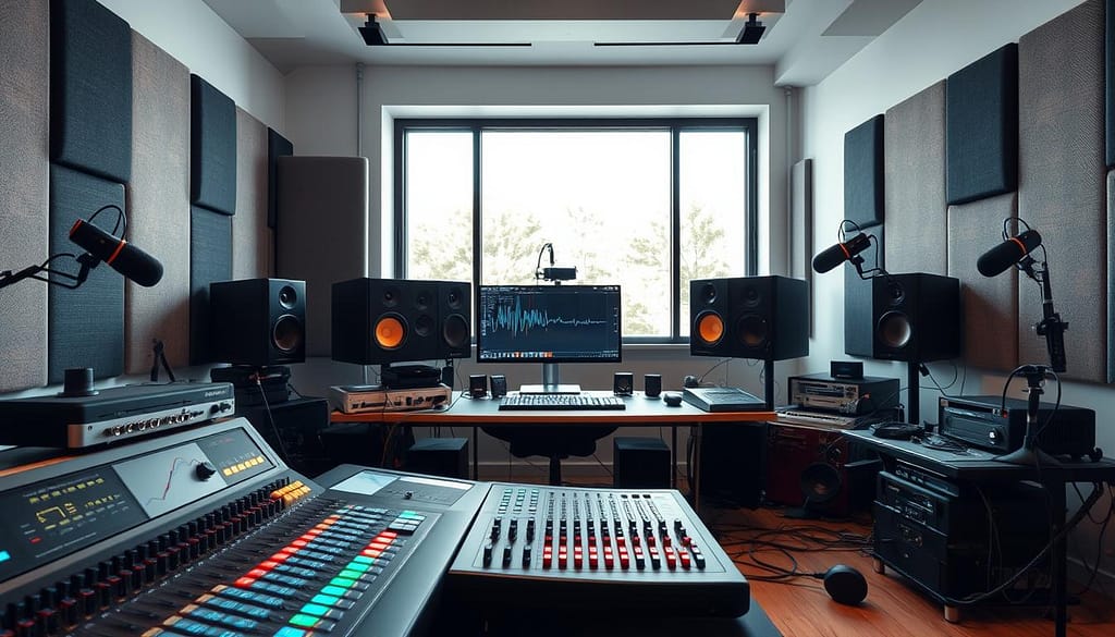 A professional audio cues studio featuring advanced sound engineering equipment and soundproofing panels. In the foreground, a sleek mixing console with illuminated sliders and buttons, surrounded by various audio interfaces and microphones. In the middle, specialized monitors display visual sound waveforms, while acoustic panels line the walls, creating a conducive space for audio analysis. The background showcases a large window with natural light filtering through, illuminating the cables and gear in the studio. The atmosphere is focused and innovative, emphasizing a high-tech environment dedicated to audio awareness and research. Soft lighting casts gentle shadows, creating an inviting and professional ambiance, shot from a slightly elevated angle to capture the depth of the studio. A professional audio cues studio featuring advanced sound engineering equipment and soundproofing panels. In the foreground, a sleek mixing console with illuminated sliders and buttons, surrounded by various audio interfaces and microphones. In the middle, specialized monitors display visual sound waveforms, while acoustic panels line the walls, creating a conducive space for audio analysis. The background showcases a large window with natural light filtering through, illuminating the cables and gear in the studio. The atmosphere is focused and innovative, emphasizing a high-tech environment dedicated to audio awareness and research. Soft lighting casts gentle shadows, creating an inviting and professional ambiance, shot from a slightly elevated angle to capture the depth of the studio.