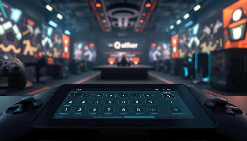 A sleek, modern eDPI calculator interface showcasing an intuitive design for matching sensitivity across various video games. The foreground features a high-tech touchscreen displaying numerical inputs and graphical representations of different games' sensitivity settings. In the middle ground, a subtle gradient highlights the calculator's interface against a softly blurred gaming environment, with abstract gaming-themed elements like controllers and PC hardware. The background includes a digital landscape of a competitive gaming arena, illuminated by ambient lighting that reflects the intensity of pro gaming. The atmosphere is dynamic and focused, with a professional tone that invites gamers to refine their settings for enhanced performance. The scene is captured at a slight angle, emphasizing depth and clarity. A sleek, modern eDPI calculator interface showcasing an intuitive design for matching sensitivity across various video games. The foreground features a high-tech touchscreen displaying numerical inputs and graphical representations of different games' sensitivity settings. In the middle ground, a subtle gradient highlights the calculator's interface against a softly blurred gaming environment, with abstract gaming-themed elements like controllers and PC hardware. The background includes a digital landscape of a competitive gaming arena, illuminated by ambient lighting that reflects the intensity of pro gaming. The atmosphere is dynamic and focused, with a professional tone that invites gamers to refine their settings for enhanced performance. The scene is captured at a slight angle, emphasizing depth and clarity.
