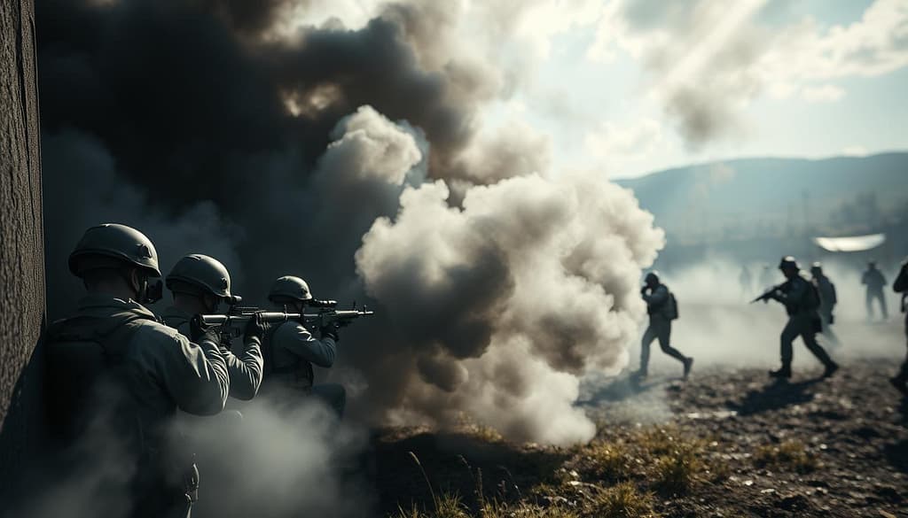 A strategic peak view of a battlefield scene featuring "smoke one-ways" in action during a tactical encounter. In the foreground, players in professional attire take cover behind a solid structure, strategizing while a plume of smoke billows between them and their opponent. The middle ground reveals an area filled with thick, swirling grey smoke that partially obscures a rival's position, creating an effective one-way visibility scenario. The background includes a blurred landscape, depicting distant comrades and structures to enhance the sense of depth. The lighting is dramatic, with rays of sunlight breaking through the smoke, casting a moody atmosphere that emphasizes tension and strategy. The angle is slightly elevated, focusing on the tactical dynamics at play in this intense moment. A strategic peak view of a battlefield scene featuring "smoke one-ways" in action during a tactical encounter. In the foreground, players in professional attire take cover behind a solid structure, strategizing while a plume of smoke billows between them and their opponent. The middle ground reveals an area filled with thick, swirling grey smoke that partially obscures a rival's position, creating an effective one-way visibility scenario. The background includes a blurred landscape, depicting distant comrades and structures to enhance the sense of depth. The lighting is dramatic, with rays of sunlight breaking through the smoke, casting a moody atmosphere that emphasizes tension and strategy. The angle is slightly elevated, focusing on the tactical dynamics at play in this intense moment.