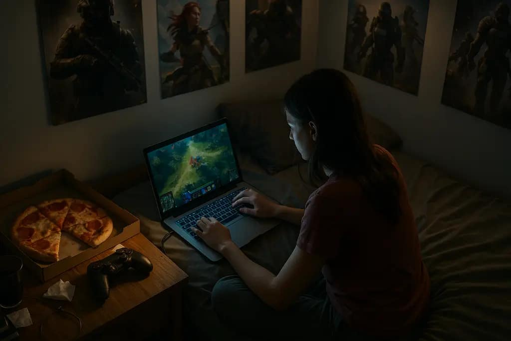 AI Game Discovery dashboard beside a player comparing strategy games at a desk