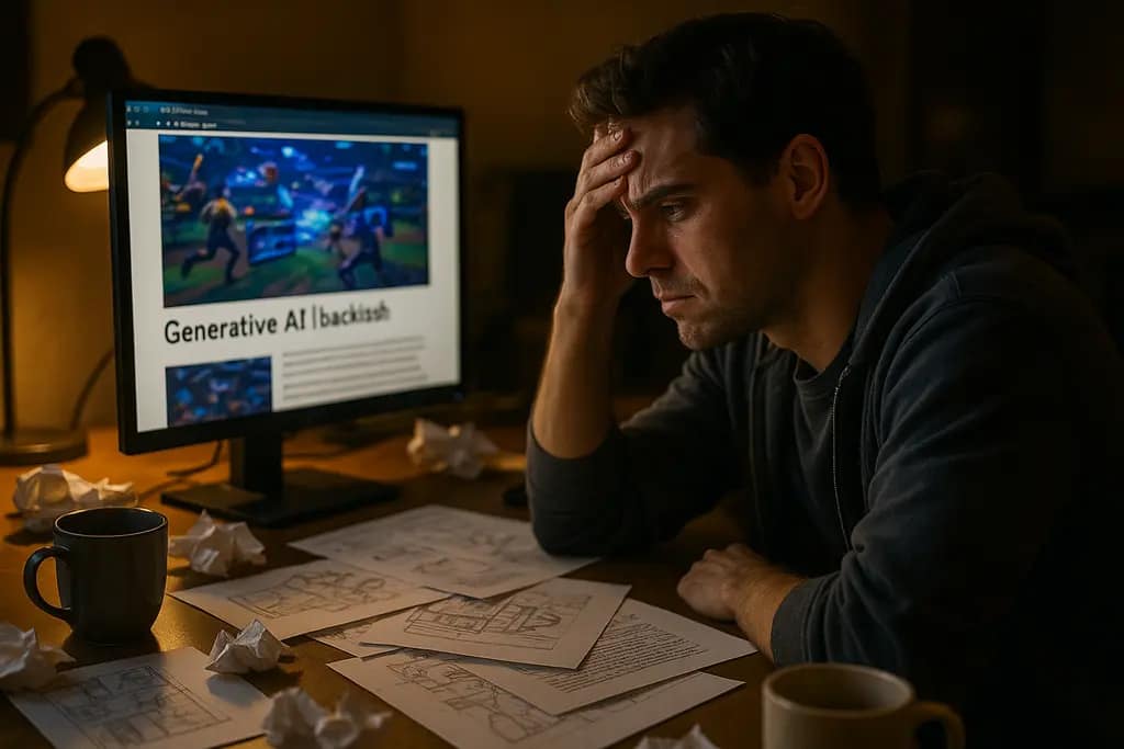 generative AI backlash shown through players reviewing game art at a desk