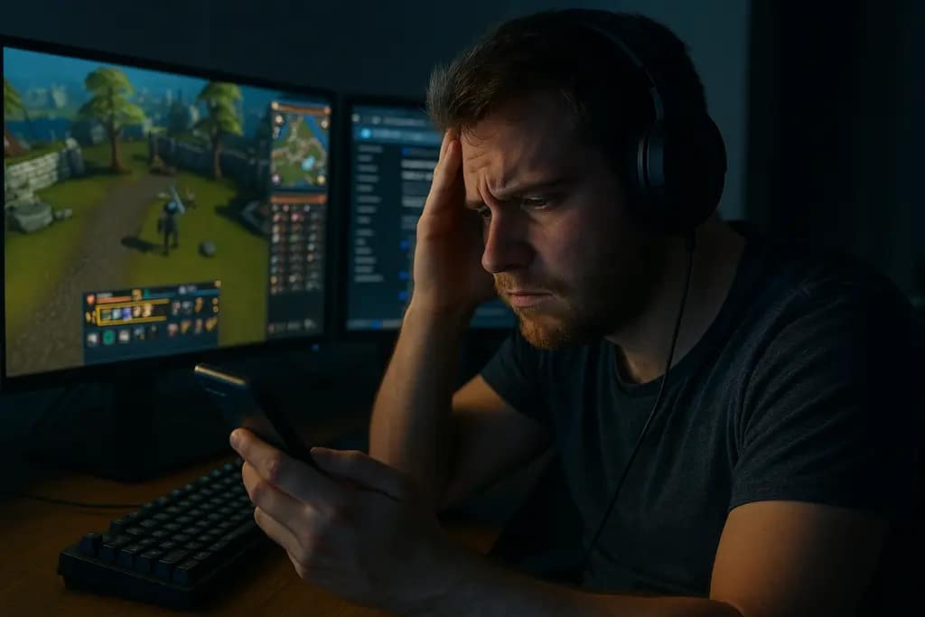 RuneScape microtransactions debate shown through a player reviewing update notes at a gaming desk