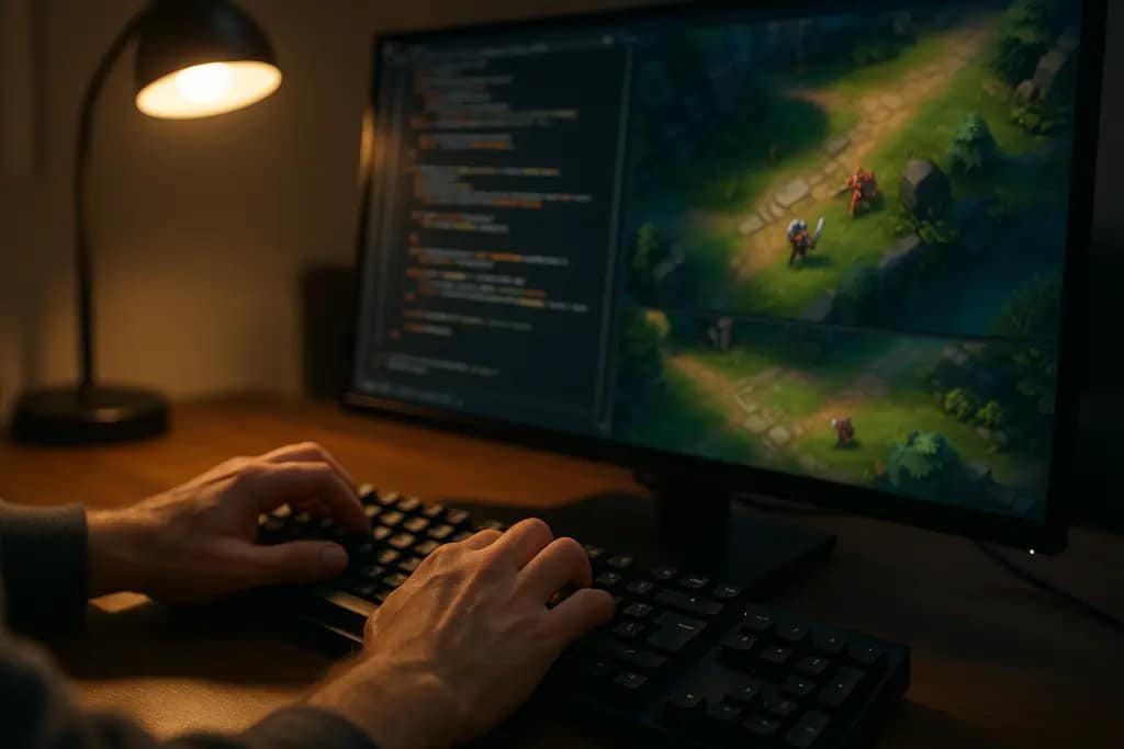 Saber AI disclosure shown as a studio desk with game scripts and production notes