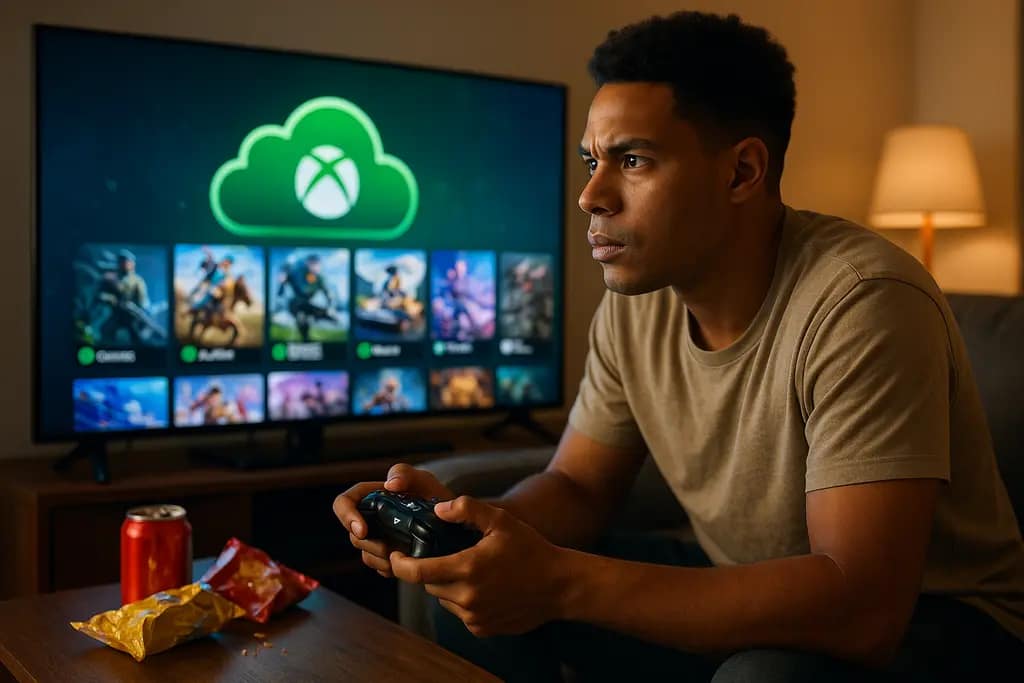 Player checking Xbox cloud gaming hour limits on a living room setup