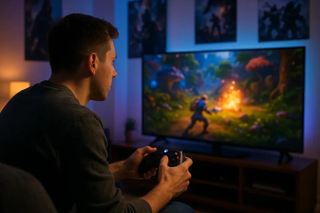 Xbox Cloud Interface running on a monitor beside a controller and handheld PC