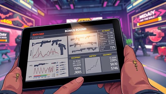 A detailed and dynamic illustration depicting a bonus round scenario in a first-person shooter game, focusing on the math behind economic strategies. In the foreground, a digital tablet displaying intricate graphs and statistics related to in-game currency and buy rounds. The middle ground features stylized weapons and equipment, arranged neatly to showcase options players have during a bonus round. The background includes a stylized, competitive gaming environment with vibrant colors, emphasizing a high-energy atmosphere. Soft, focused lighting highlights the tablet's screen while creating dramatic contrasts with the surrounding elements. The angle is slightly elevated, offering a comprehensive view of the interaction between economic choices and gameplay mechanics, evoking a sense of strategy and urgency. A detailed and dynamic illustration depicting a bonus round scenario in a first-person shooter game, focusing on the math behind economic strategies. In the foreground, a digital tablet displaying intricate graphs and statistics related to in-game currency and buy rounds. The middle ground features stylized weapons and equipment, arranged neatly to showcase options players have during a bonus round. The background includes a stylized, competitive gaming environment with vibrant colors, emphasizing a high-energy atmosphere. Soft, focused lighting highlights the tablet's screen while creating dramatic contrasts with the surrounding elements. The angle is slightly elevated, offering a comprehensive view of the interaction between economic choices and gameplay mechanics, evoking a sense of strategy and urgency.