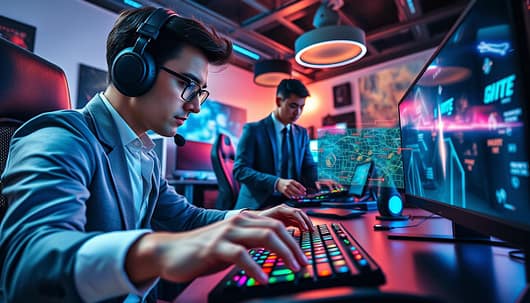 A dynamic scene depicting the concept of "Support Timing and Utility Layering" in a strategic gaming environment. In the foreground, a skilled gamer clad in smart casual attire focuses intently on a gaming monitor, showcasing their precise timing and strategic foresight. Their hands hover over a keyboard, with vibrant colored lights emanating from the keys. In the middle ground, a second figure, also dressed in professional attire, is seen coordinating with teammates on a digital map, surrounded by visual representations of utility placements—like smoke grenades and flashbangs. The background features a well-lit gaming room, filled with tech equipment, glowing LED lights, and vivid screens displaying tactical overlays. The atmosphere is intense yet focused, evoking a sense of teamwork and precision under pressure, captured with a wide-angle lens to convey depth and engagement. A dynamic scene depicting the concept of "Support Timing and Utility Layering" in a strategic gaming environment. In the foreground, a skilled gamer clad in smart casual attire focuses intently on a gaming monitor, showcasing their precise timing and strategic foresight. Their hands hover over a keyboard, with vibrant colored lights emanating from the keys. In the middle ground, a second figure, also dressed in professional attire, is seen coordinating with teammates on a digital map, surrounded by visual representations of utility placements—like smoke grenades and flashbangs. The background features a well-lit gaming room, filled with tech equipment, glowing LED lights, and vivid screens displaying tactical overlays. The atmosphere is intense yet focused, evoking a sense of teamwork and precision under pressure, captured with a wide-angle lens to convey depth and engagement.