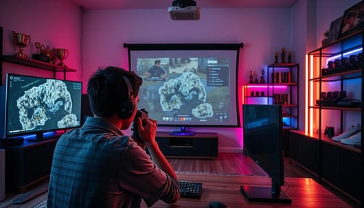 A gaming setup in a well-lit room, focused on a high-definition monitor displaying a detailed map of a competitive shooter game. In the foreground, a professional gamer in modest casual clothing practices their aim with a sleek gaming mouse and keyboard. The middle area features a large projection screen showcasing specific angles and tactical overlays related to the map, while colorful LED light strips illuminate the space, enhancing the atmosphere. In the background, shelves are filled with gaming trophies and memorabilia, creating an immersive and inspiring environment. The lighting casts a soft glow, emphasizing the concentration of the gamer, reflecting the intensity and dedication required for map-specific angle repetitions. The overall mood should convey focus, professionalism, and a commitment to improvement. A gaming setup in a well-lit room, focused on a high-definition monitor displaying a detailed map of a competitive shooter game. In the foreground, a professional gamer in modest casual clothing practices their aim with a sleek gaming mouse and keyboard. The middle area features a large projection screen showcasing specific angles and tactical overlays related to the map, while colorful LED light strips illuminate the space, enhancing the atmosphere. In the background, shelves are filled with gaming trophies and memorabilia, creating an immersive and inspiring environment. The lighting casts a soft glow, emphasizing the concentration of the gamer, reflecting the intensity and dedication required for map-specific angle repetitions. The overall mood should convey focus, professionalism, and a commitment to improvement.