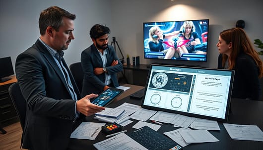 A modern workspace featuring a diverse group of four professional figures engaged in a strategic discussion. In the foreground, a confident IGL (In-Game Leader) in a smart casual outfit gestures toward a digital tablet displaying a detailed strategic plan for mid-round tactics in a competitive game. The middle ground includes scattered papers, strategy diagrams, and game-winning condition outlines that emphasize teamwork. In the background, a large screen displays live gameplay footage, creating an immersive atmosphere. The room is well-lit with a soft, focused light, highlighting the intensity of the discussion, while shadows suggest a dynamic environment. The overall mood is collaborative and strategic, reflecting a high-stakes gaming scenario. A modern workspace featuring a diverse group of four professional figures engaged in a strategic discussion. In the foreground, a confident IGL (In-Game Leader) in a smart casual outfit gestures toward a digital tablet displaying a detailed strategic plan for mid-round tactics in a competitive game. The middle ground includes scattered papers, strategy diagrams, and game-winning condition outlines that emphasize teamwork. In the background, a large screen displays live gameplay footage, creating an immersive atmosphere. The room is well-lit with a soft, focused light, highlighting the intensity of the discussion, while shadows suggest a dynamic environment. The overall mood is collaborative and strategic, reflecting a high-stakes gaming scenario.