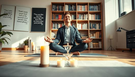 A serene and focused workspace setting illustrating a "Mental Switch-On Ritual for Enhanced Reaction." In the foreground, a person dressed in professional attire sits cross-legged on a yoga mat, eyes closed in meditation, with a subtle smile, embodying calmness and concentration. In the middle ground, gently glowing candles and a small water fountain create a peaceful ambiance, surrounded by inspirational quotes displayed elegantly on the walls. The background features softly blurred bookshelves filled with well-organized literature on mental training and psychology. Natural light streams through a large window, casting warm hues across the room, enhancing the tranquil atmosphere. Capture this moment from a slightly elevated angle to convey a sense of tranquility and focus, evoking an environment conducive to mental preparation and clarity. A serene and focused workspace setting illustrating a "Mental Switch-On Ritual for Enhanced Reaction." In the foreground, a person dressed in professional attire sits cross-legged on a yoga mat, eyes closed in meditation, with a subtle smile, embodying calmness and concentration. In the middle ground, gently glowing candles and a small water fountain create a peaceful ambiance, surrounded by inspirational quotes displayed elegantly on the walls. The background features softly blurred bookshelves filled with well-organized literature on mental training and psychology. Natural light streams through a large window, casting warm hues across the room, enhancing the tranquil atmosphere. Capture this moment from a slightly elevated angle to convey a sense of tranquility and focus, evoking an environment conducive to mental preparation and clarity.