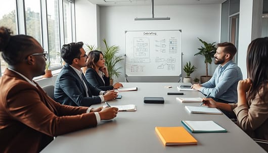 A serene office environment conveying a sense of calm reflection on a debriefing session. In the foreground, a diverse group of three professionals in smart casual attire, engaged in thoughtful discussion, with focused expressions. They are seated around a sleek conference table covered with notebooks and digital devices. In the middle, a large whiteboard shows diagrams and bullet points, representing key points of discussion without blame. The background features a large window with natural light pouring in, illuminating potted plants and modern office décor. The mood is collaborative and supportive, emphasizing teamwork and understanding. The lens captures a slightly elevated angle, creating depth, while ensuring the atmosphere remains open and inviting. The overall color palette is warm and calming, with soft lighting enhancing the professional yet approachable feel. A serene office environment conveying a sense of calm reflection on a debriefing session. In the foreground, a diverse group of three professionals in smart casual attire, engaged in thoughtful discussion, with focused expressions. They are seated around a sleek conference table covered with notebooks and digital devices. In the middle, a large whiteboard shows diagrams and bullet points, representing key points of discussion without blame. The background features a large window with natural light pouring in, illuminating potted plants and modern office décor. The mood is collaborative and supportive, emphasizing teamwork and understanding. The lens captures a slightly elevated angle, creating depth, while ensuring the atmosphere remains open and inviting. The overall color palette is warm and calming, with soft lighting enhancing the professional yet approachable feel.
