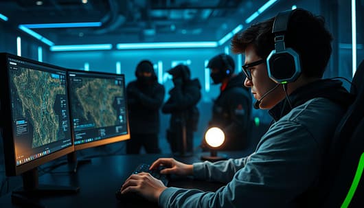 A strategic scene depicting a skilled "lurker" in a digital gaming environment, showcasing the concept of "Lurker Win Paths & Restraint." In the foreground, a focused individual in professional gaming attire, poised behind a sleek computer setup, intently analyzing a complex game map on multiple monitors. In the middle ground, teammates can be seen communicating via headsets, assessing their positions while remaining in the shadows, emphasizing tactics and stealth. The background features a dimly lit gaming arena, adorned with ambient LED lights that create a high-tech atmosphere, casting soft glows of blue and green. The lighting highlights the tension and strategy of lurking opponents, conveying a mood of concentration and intensity, as the lurker prepares for a decisive move that reflects both patience and restraint. A strategic scene depicting a skilled "lurker" in a digital gaming environment, showcasing the concept of "Lurker Win Paths & Restraint." In the foreground, a focused individual in professional gaming attire, poised behind a sleek computer setup, intently analyzing a complex game map on multiple monitors. In the middle ground, teammates can be seen communicating via headsets, assessing their positions while remaining in the shadows, emphasizing tactics and stealth. The background features a dimly lit gaming arena, adorned with ambient LED lights that create a high-tech atmosphere, casting soft glows of blue and green. The lighting highlights the tension and strategy of lurking opponents, conveying a mood of concentration and intensity, as the lurker prepares for a decisive move that reflects both patience and restraint.