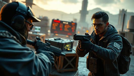 In the foreground, depict a tactical gameplay scenario with two players strategically positioning themselves. One player is crouched behind a digital barricade, clad in modern tactical gear complete with an upgraded pistol and subtle hints of armor, while the other stands with a focused expression, contemplating their next move with a pistol in hand. In the middle ground, show detailed elements of a vibrant, interactive FPS game environment, such as crates filled with high-value items and a scoreboard. The background features a futuristic urban landscape under soft, ambient lighting, creating a serious yet dynamic atmosphere. Employ a cinematic angle to enhance action, with a shallow depth of field to draw attention to the players’ expressions. The overall mood should evoke intensity and strategic thinking, perfectly aligning with the theme of economy in gameplay. In the foreground, depict a tactical gameplay scenario with two players strategically positioning themselves. One player is crouched behind a digital barricade, clad in modern tactical gear complete with an upgraded pistol and subtle hints of armor, while the other stands with a focused expression, contemplating their next move with a pistol in hand. In the middle ground, show detailed elements of a vibrant, interactive FPS game environment, such as crates filled with high-value items and a scoreboard. The background features a futuristic urban landscape under soft, ambient lighting, creating a serious yet dynamic atmosphere. Employ a cinematic angle to enhance action, with a shallow depth of field to draw attention to the players’ expressions. The overall mood should evoke intensity and strategic thinking, perfectly aligning with the theme of economy in gameplay.