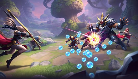 A dynamic scene showcasing kiting techniques in a MOBA game, featuring a diverse group of hero characters, each illustrating distinct orb-walking patterns. In the foreground, a powerful archer elegantly dodges incoming attacks while firing arrows, exuding precision and fluid movement. In the middle ground, a sturdy melee character positions strategically, demonstrating effective spacing and timing against a fearsome enemy. The background reveals a vibrant fantasy landscape with lush forests and mystical elements, bathed in soft, ambient lighting that highlights the action. The image captures an exhilarating atmosphere, emphasizing skillful gameplay and strategy. Use a wide-angle lens to create depth, while ensuring no text or labels are included. A dynamic scene showcasing kiting techniques in a MOBA game, featuring a diverse group of hero characters, each illustrating distinct orb-walking patterns. In the foreground, a powerful archer elegantly dodges incoming attacks while firing arrows, exuding precision and fluid movement. In the middle ground, a sturdy melee character positions strategically, demonstrating effective spacing and timing against a fearsome enemy. The background reveals a vibrant fantasy landscape with lush forests and mystical elements, bathed in soft, ambient lighting that highlights the action. The image captures an exhilarating atmosphere, emphasizing skillful gameplay and strategy. Use a wide-angle lens to create depth, while ensuring no text or labels are included.