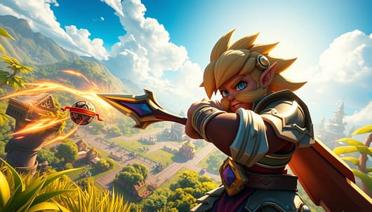 A vibrant MOBA gaming scene featuring a highly detailed character executing a last hit on a minion amidst a lush battlefield. In the foreground, the character, clad in colorful fantasy armor, wields a glowing weapon, poised to strike a minion just as its health bar dwindles. In the middle ground, a dynamic background reveals a strategic layout of a jungle and lanes, with various towers and a distant fountain, all under a clear blue sky bathed in golden sunlight. The lighting highlights the character's focused expression, capturing the intensity of gameplay. The mood is one of strategic concentration and exhilaration, reflecting the essence of competitive gaming. The scene is devoid of any text or branding. A vibrant MOBA gaming scene featuring a highly detailed character executing a last hit on a minion amidst a lush battlefield. In the foreground, the character, clad in colorful fantasy armor, wields a glowing weapon, poised to strike a minion just as its health bar dwindles. In the middle ground, a dynamic background reveals a strategic layout of a jungle and lanes, with various towers and a distant fountain, all under a clear blue sky bathed in golden sunlight. The lighting highlights the character's focused expression, capturing the intensity of gameplay. The mood is one of strategic concentration and exhilaration, reflecting the essence of competitive gaming. The scene is devoid of any text or branding.