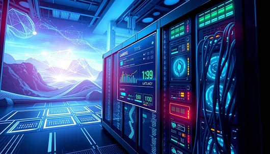 A digital illustration of a "server tick" concept in a high-tech gaming environment. In the foreground, a sleek server rack with glowing LED indicators and network cables intricately arranged. The middle ground showcases a vibrant digital display, illustrating game data, ping metrics, and tick rates, with a focus on latency visuals. The background features an abstract representation of a virtual landscape, with flowing data streams and geometric shapes symbolizing connectivity. Use cool colors like blue and green, with bright highlights to evoke a sense of energy and urgency. The lighting is dynamic, casting shadows that enhance the tech-heavy atmosphere. The perspective is slightly angled from above to give depth, emphasizing the server's role in gaming performance. A digital illustration of a "server tick" concept in a high-tech gaming environment. In the foreground, a sleek server rack with glowing LED indicators and network cables intricately arranged. The middle ground showcases a vibrant digital display, illustrating game data, ping metrics, and tick rates, with a focus on latency visuals. The background features an abstract representation of a virtual landscape, with flowing data streams and geometric shapes symbolizing connectivity. Use cool colors like blue and green, with bright highlights to evoke a sense of energy and urgency. The lighting is dynamic, casting shadows that enhance the tech-heavy atmosphere. The perspective is slightly angled from above to give depth, emphasizing the server's role in gaming performance.