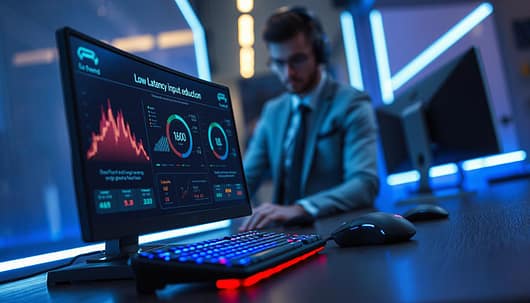 A futuristic gaming setup showcasing advanced input lag reduction techniques. In the foreground, a sleek gaming monitor displays a visual representation of low latency statistics, with vibrant graphs and indicators. To the middle, a gaming keyboard and mouse with glowing lights emphasize responsiveness and performance. The background features a blurred figure of a gamer in professional business attire, intently focused on the screen, embodying concentration and engagement. Soft LED ambient lighting casts a blue hue over the scene, creating a tech-savvy atmosphere. The angle of the shot captures the depth of the gaming desk, highlighting the connection between technology and user experience while evoking a sense of urgency and excitement in competitive gaming scenarios. A futuristic gaming setup showcasing advanced input lag reduction techniques. In the foreground, a sleek gaming monitor displays a visual representation of low latency statistics, with vibrant graphs and indicators. To the middle, a gaming keyboard and mouse with glowing lights emphasize responsiveness and performance. The background features a blurred figure of a gamer in professional business attire, intently focused on the screen, embodying concentration and engagement. Soft LED ambient lighting casts a blue hue over the scene, creating a tech-savvy atmosphere. The angle of the shot captures the depth of the gaming desk, highlighting the connection between technology and user experience while evoking a sense of urgency and excitement in competitive gaming scenarios.
