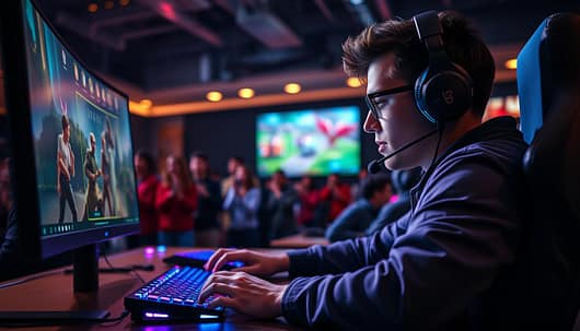 A high-intensity scene in a competitive esports environment, focusing on a gamer sitting at a sleek, illuminated gaming desk with a high-end headset and keyboard. The gamer, dressed in professional esports attire, showcases a focused expression, showcasing the pinnacle of concentration as they execute sound baits and fake taps in a critical gameplay moment. In the foreground, the gamer’s hands move skillfully over the keyboard, highlighted by soft RGB lighting. The middle ground features an animated game display, where strategic moves unfold with vibrant graphics and dynamic character actions. The background captures a cheering audience, blurred to maintain focus on the player, while warmer overhead lights create an intense yet engaging atmosphere. The mood is tense yet exhilarating, conveying the thrill of high-stakes gameplay. A high-intensity scene in a competitive esports environment, focusing on a gamer sitting at a sleek, illuminated gaming desk with a high-end headset and keyboard. The gamer, dressed in professional esports attire, showcases a focused expression, showcasing the pinnacle of concentration as they execute sound baits and fake taps in a critical gameplay moment. In the foreground, the gamer’s hands move skillfully over the keyboard, highlighted by soft RGB lighting. The middle ground features an animated game display, where strategic moves unfold with vibrant graphics and dynamic character actions. The background captures a cheering audience, blurred to maintain focus on the player, while warmer overhead lights create an intense yet engaging atmosphere. The mood is tense yet exhilarating, conveying the thrill of high-stakes gameplay.