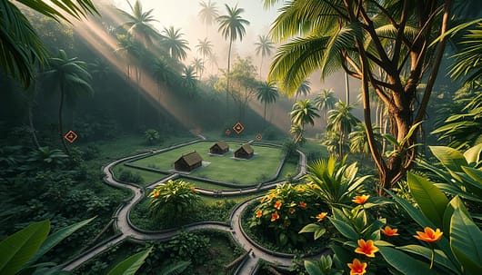 A lush, vibrant jungle scene showcasing various jungle timers and pathing influence strategies. In the foreground, intricate jungle paths intertwine through dense foliage, with detailed visual markers indicating timer spawn points. The middle ground features a clear area where small, strategic camps are placed, surrounded by tropical plants, vines, and exotic flowers. In the background, towering trees and a faint mist create depth, hinting at a larger world beyond. The lighting is soft, simulating a warm, dappled sunlight filtering through the leaves, casting gentle shadows on the ground. The mood is serene yet strategic, evoking a sense of careful planning and exploration. The composition is wide-angle, capturing the complexity of the jungle environment without any text or markings. A lush, vibrant jungle scene showcasing various jungle timers and pathing influence strategies. In the foreground, intricate jungle paths intertwine through dense foliage, with detailed visual markers indicating timer spawn points. The middle ground features a clear area where small, strategic camps are placed, surrounded by tropical plants, vines, and exotic flowers. In the background, towering trees and a faint mist create depth, hinting at a larger world beyond. The lighting is soft, simulating a warm, dappled sunlight filtering through the leaves, casting gentle shadows on the ground. The mood is serene yet strategic, evoking a sense of careful planning and exploration. The composition is wide-angle, capturing the complexity of the jungle environment without any text or markings.