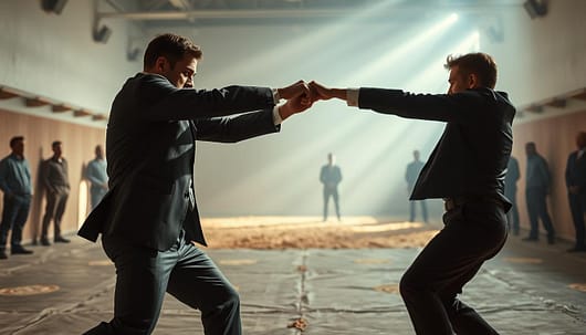 A tense scene depicting two professional individuals engaged in an intense duel, embodying the essence of isolating fights. In the foreground, one fighter, dressed in a tailored suit, executes a precise technique with focused determination, while the other, in smart casual attire, evades skillfully. The middle ground features a stark battlefield, surrounded by blurred silhouettes of onlookers, illustrating the concept of isolation and clarity in their orders. The background is a softly lit training facility, enhanced by dramatic lighting casting long shadows to emphasize the seriousness of the duel. A dynamic angle captures the motion, evoking a sense of urgency and discipline. The overall mood is intense and focused, reflecting the importance of sound strategy in high-pressure situations, with no text or watermarks present. A tense scene depicting two professional individuals engaged in an intense duel, embodying the essence of isolating fights. In the foreground, one fighter, dressed in a tailored suit, executes a precise technique with focused determination, while the other, in smart casual attire, evades skillfully. The middle ground features a stark battlefield, surrounded by blurred silhouettes of onlookers, illustrating the concept of isolation and clarity in their orders. The background is a softly lit training facility, enhanced by dramatic lighting casting long shadows to emphasize the seriousness of the duel. A dynamic angle captures the motion, evoking a sense of urgency and discipline. The overall mood is intense and focused, reflecting the importance of sound strategy in high-pressure situations, with no text or watermarks present.