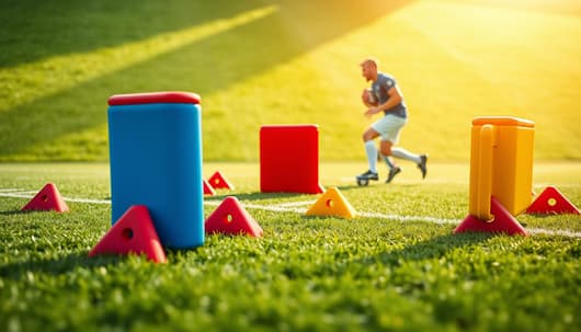 A detailed and vibrant illustration of scrim blocks positioned strategically on a sports practice field, showcasing various drills for skill enhancement. In the foreground, a set of brightly colored scrim blocks in red, blue, and yellow are arranged in multiple formations, emphasizing their use for agile movements and tactical training. The middle ground features a blurred motion effect of a player in professional athletic wear, executing a drill around the blocks, demonstrating focus and determination. In the background, a sports field with crisp green grass under soft, natural daylight creates an energetic atmosphere. The angle captures a dynamic viewpoint, enhancing the sense of action and practice. The overall mood is motivational, reflecting the essence of dedicated training and improvement. A detailed and vibrant illustration of scrim blocks positioned strategically on a sports practice field, showcasing various drills for skill enhancement. In the foreground, a set of brightly colored scrim blocks in red, blue, and yellow are arranged in multiple formations, emphasizing their use for agile movements and tactical training. The middle ground features a blurred motion effect of a player in professional athletic wear, executing a drill around the blocks, demonstrating focus and determination. In the background, a sports field with crisp green grass under soft, natural daylight creates an energetic atmosphere. The angle captures a dynamic viewpoint, enhancing the sense of action and practice. The overall mood is motivational, reflecting the essence of dedicated training and improvement.