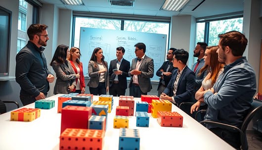 A dynamic training room setting featuring a group of diverse, professional individuals engaged in a focused, collaborative discussion about scrim blocks. In the foreground, a well-lit table displays various scrim blocks with colorful designs and different configurations. The middle ground showcases the team members in smart casual attire, considering strategies while pointing at a whiteboard filled with notes and diagrams about rules of engagement. In the background, large windows let natural light flood the room, creating an inviting atmosphere. Use a wide-angle lens perspective to capture the teamwork and energy of the environment, emphasizing camaraderie and professionalism. The overall mood should be one of motivation and strategic planning, highlighting a productive and engaging team review session. A dynamic training room setting featuring a group of diverse, professional individuals engaged in a focused, collaborative discussion about scrim blocks. In the foreground, a well-lit table displays various scrim blocks with colorful designs and different configurations. The middle ground showcases the team members in smart casual attire, considering strategies while pointing at a whiteboard filled with notes and diagrams about rules of engagement. In the background, large windows let natural light flood the room, creating an inviting atmosphere. Use a wide-angle lens perspective to capture the teamwork and energy of the environment, emphasizing camaraderie and professionalism. The overall mood should be one of motivation and strategic planning, highlighting a productive and engaging team review session.
