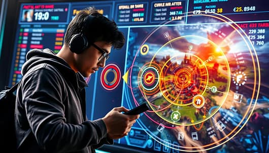 A dynamic and visually striking composition illustrating "Cross-Game Skill Transfer in Rotations and Circle Management." In the foreground, depict a competitive gamer intensely focused, wearing modest casual clothing, analyzing a holographic game map with vibrant rotating circles representing various strategies from FPS, BR, and MOBA games. In the middle ground, show abstract representations of game environments merging together, such as an urban FPS landscape blending into a sprawling battlefield of a BR, with a lush fantasy terrain from a MOBA, all interconnected by swirling colored paths symbolizing skill transfer. The background should feature a digital scoreboard displaying metrics and stats in a sleek and modern aesthetic. The lighting is bright with a futuristic glow, emphasizing concentration and strategic thinking. Capture a sense of urgency and collaboration, reflecting the excitement of skill utilization across different gaming genres. A dynamic and visually striking composition illustrating "Cross-Game Skill Transfer in Rotations and Circle Management." In the foreground, depict a competitive gamer intensely focused, wearing modest casual clothing, analyzing a holographic game map with vibrant rotating circles representing various strategies from FPS, BR, and MOBA games. In the middle ground, show abstract representations of game environments merging together, such as an urban FPS landscape blending into a sprawling battlefield of a BR, with a lush fantasy terrain from a MOBA, all interconnected by swirling colored paths symbolizing skill transfer. The background should feature a digital scoreboard displaying metrics and stats in a sleek and modern aesthetic. The lighting is bright with a futuristic glow, emphasizing concentration and strategic thinking. Capture a sense of urgency and collaboration, reflecting the excitement of skill utilization across different gaming genres.