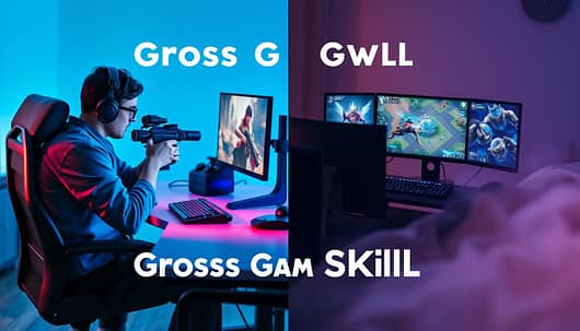 A split-screen image depicting "Cross-Game Skill Transfer" in a creative and dynamic layout. On the left side, portray a focused gamer sitting at a sleek gaming desk, wearing professional casual attire, immersed in a fast-paced first-person shooter (FPS). The computer screen glows with vibrant graphics of intense gameplay. The setting is lit with cool blue tones, emphasizing a tech-savvy atmosphere. On the right, visualize the same gamer, now engaged in a multiplayer online battle arena (MOBA) game, with a different computer setup showcasing colorful character designs and strategic maps. The background features soft, warm lighting to contrast the left, creating a balanced composition. The mood is energetic and motivational, illustrating the seamless skill transfer across game genres. A split-screen image depicting "Cross-Game Skill Transfer" in a creative and dynamic layout. On the left side, portray a focused gamer sitting at a sleek gaming desk, wearing professional casual attire, immersed in a fast-paced first-person shooter (FPS). The computer screen glows with vibrant graphics of intense gameplay. The setting is lit with cool blue tones, emphasizing a tech-savvy atmosphere. On the right, visualize the same gamer, now engaged in a multiplayer online battle arena (MOBA) game, with a different computer setup showcasing colorful character designs and strategic maps. The background features soft, warm lighting to contrast the left, creating a balanced composition. The mood is energetic and motivational, illustrating the seamless skill transfer across game genres.