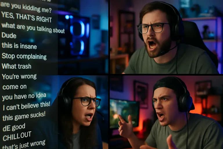 Group of PC players discussing shooter updates in a dim gaming room