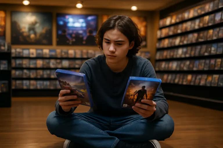 Player reading a game store page and developer notes before purchase